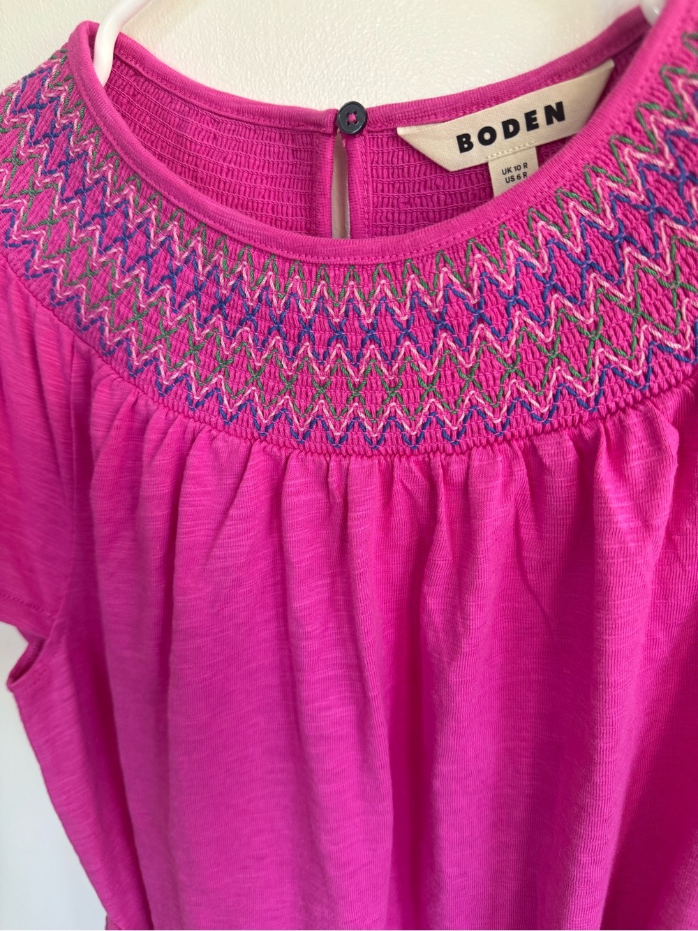 Boden Nina Smocked T-Shirt Dress Pink Cotton Short Sleeve Embroidered Size 6 - Picture 7 of 13